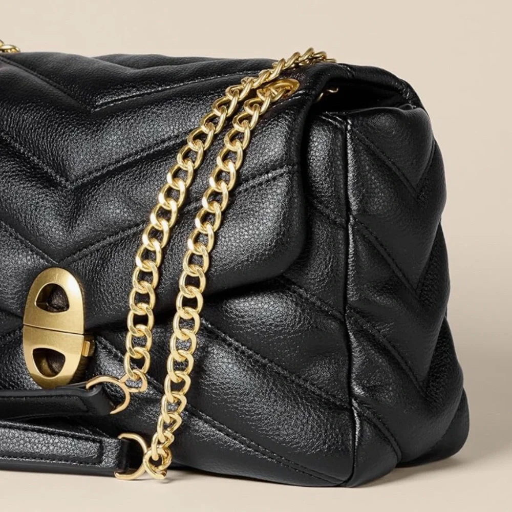 Luxury Inspired Elegant Black Quilted Leather Bag with Gold Chain